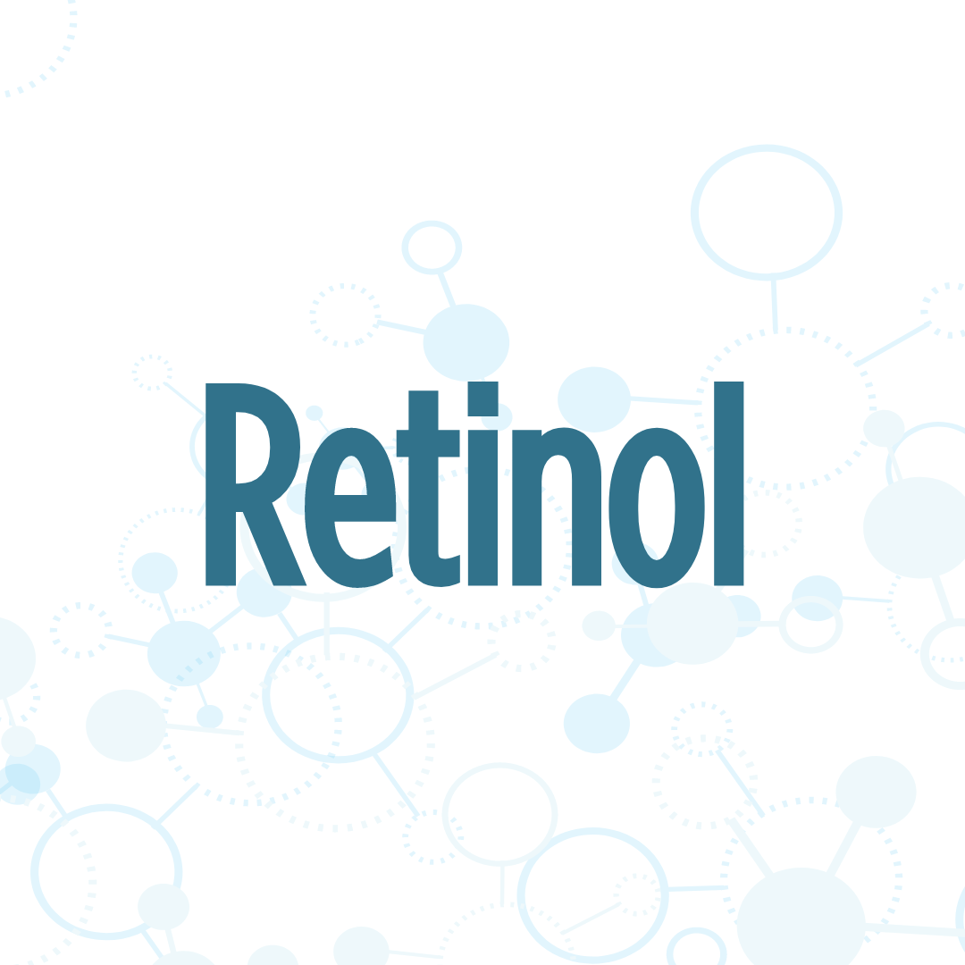 The image has the word "Retinol" in bold blue text against a white background with molecular structures.