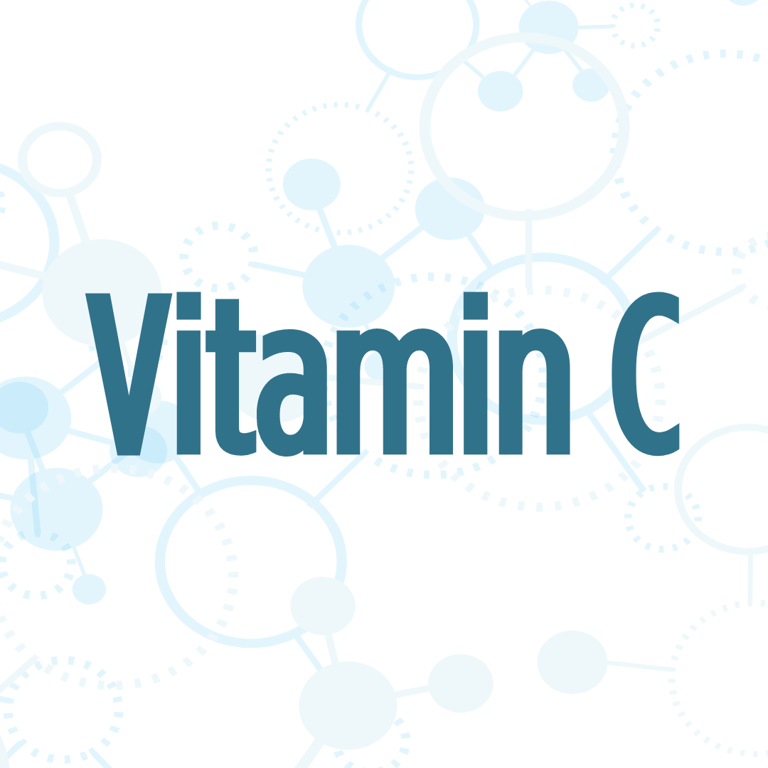 The image shows the words "Vitamin C" in bold blue text against a white background with molecular structures.