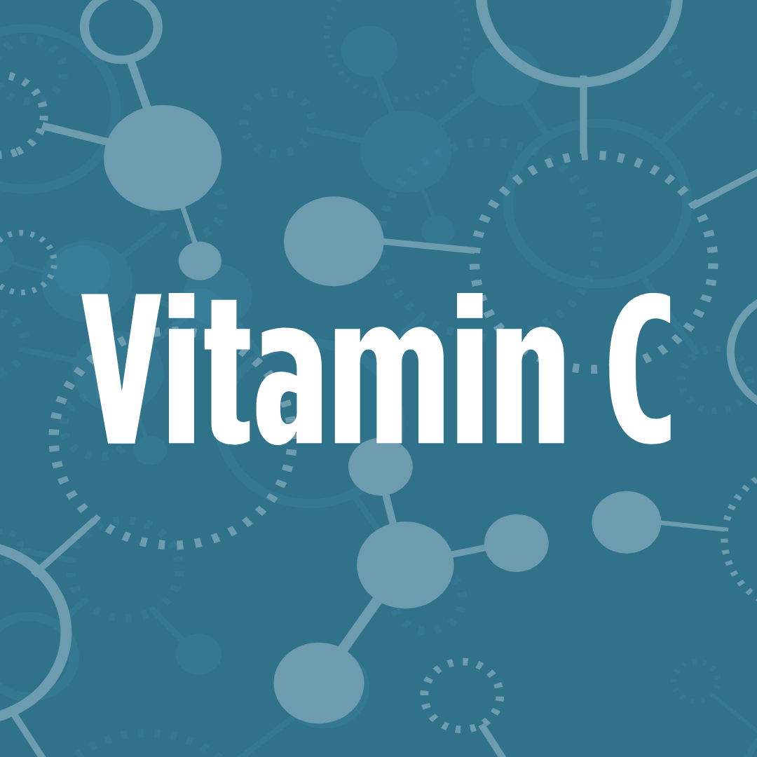 The image shows the words "Vitamin C" in bold white text against a blue background with molecular structures.