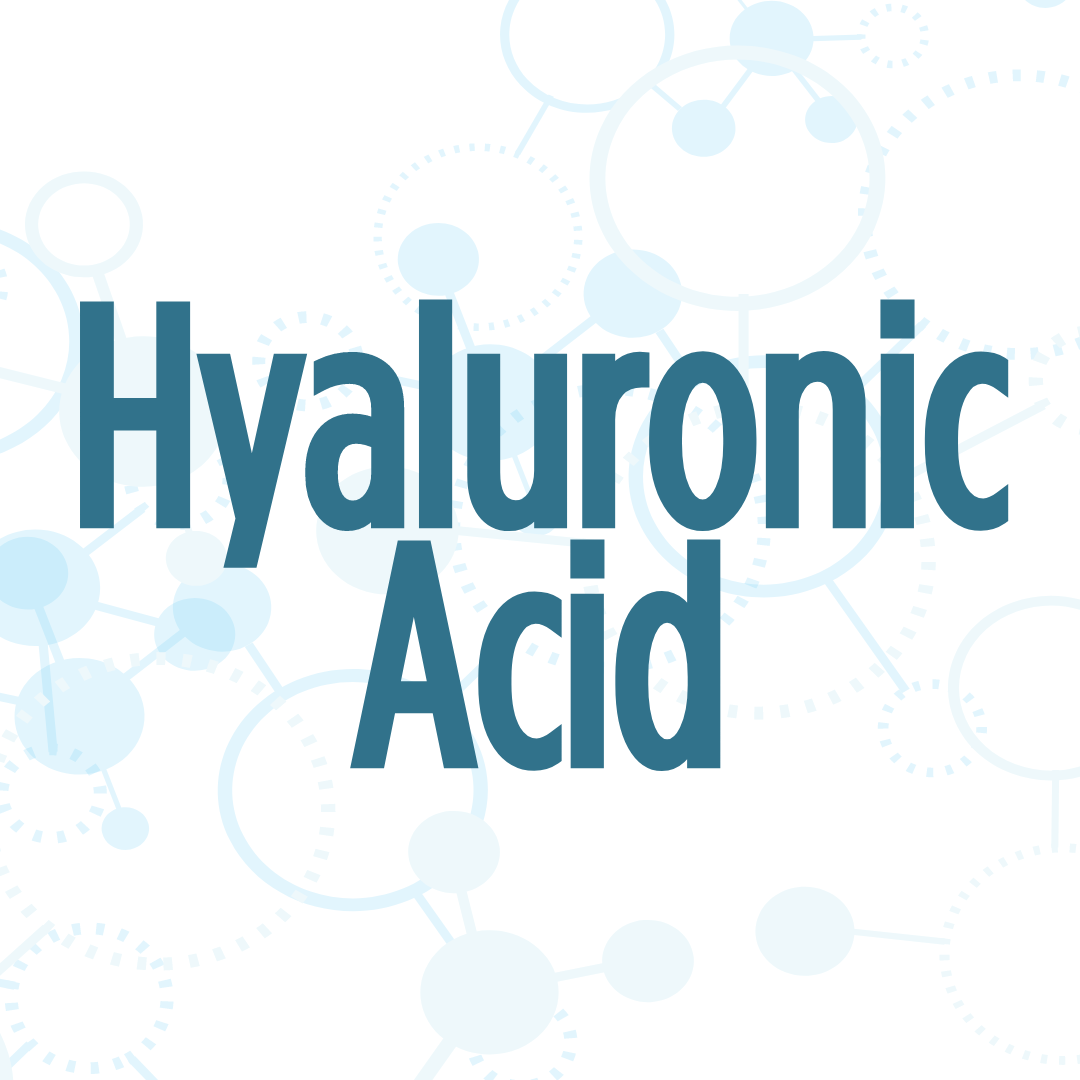 The image has the words "Hyaluronic Acid" in bold blue text against a white background with molecular structures.