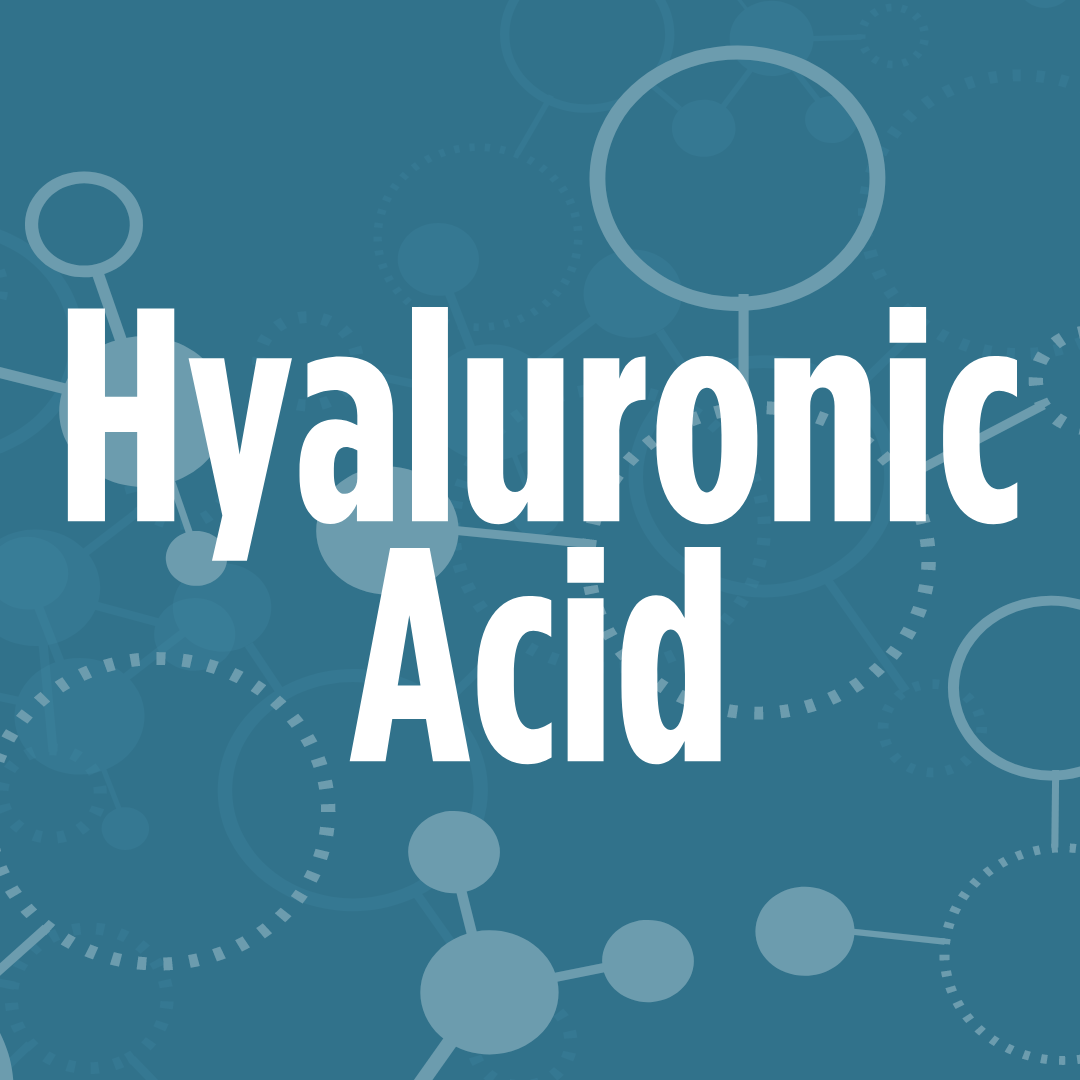 The image has the words "Hyaluronic Acid" in bold white text against a blue background with molecular structures.