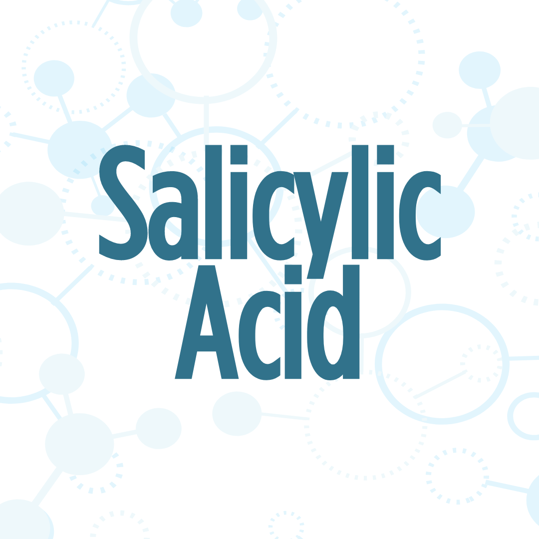 The image shows the words "Salicylic Acid" in bold blue text against a white background with molecular structures.