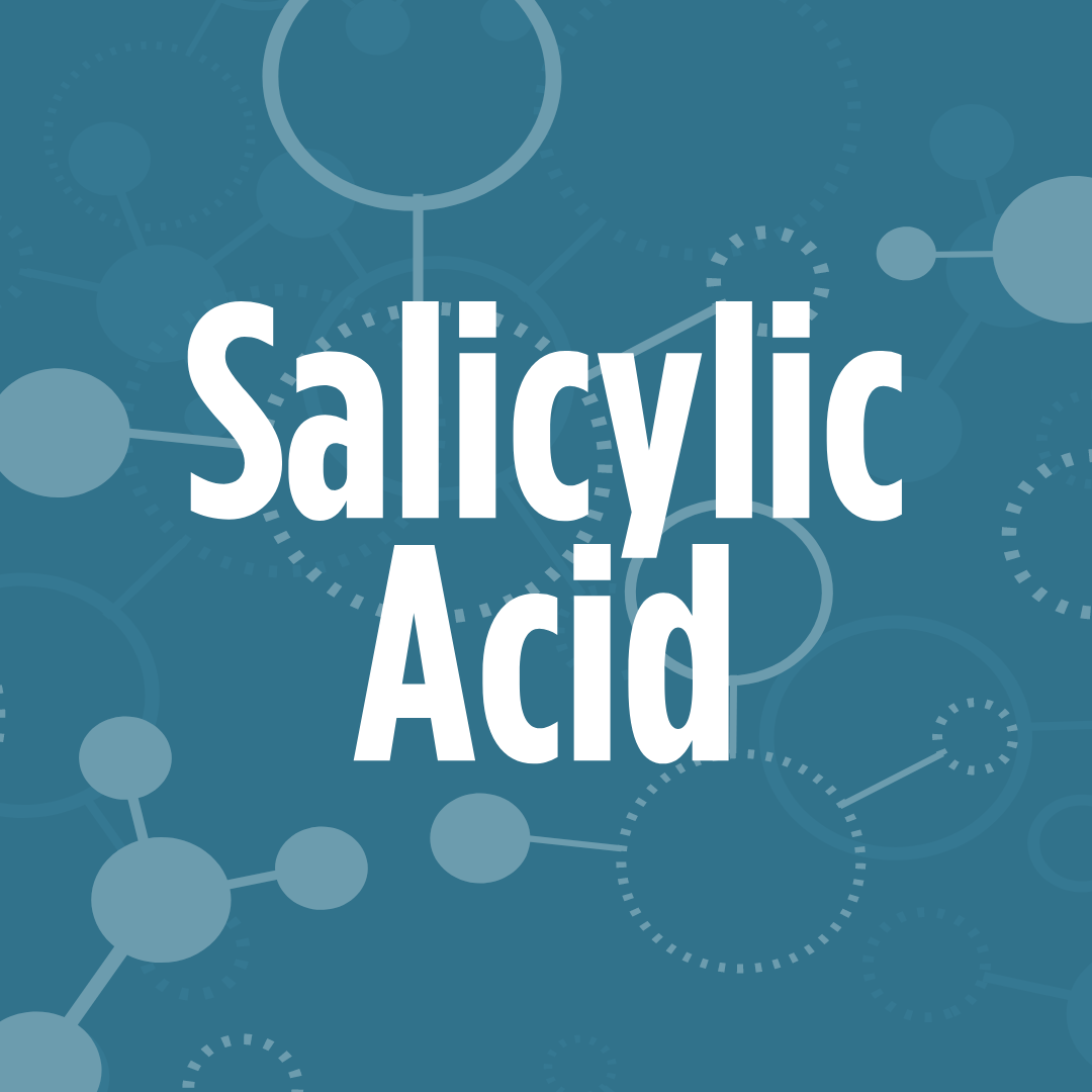 The image shows the words "Salicylic Acid" in bold white text against a blue background with molecular structures.