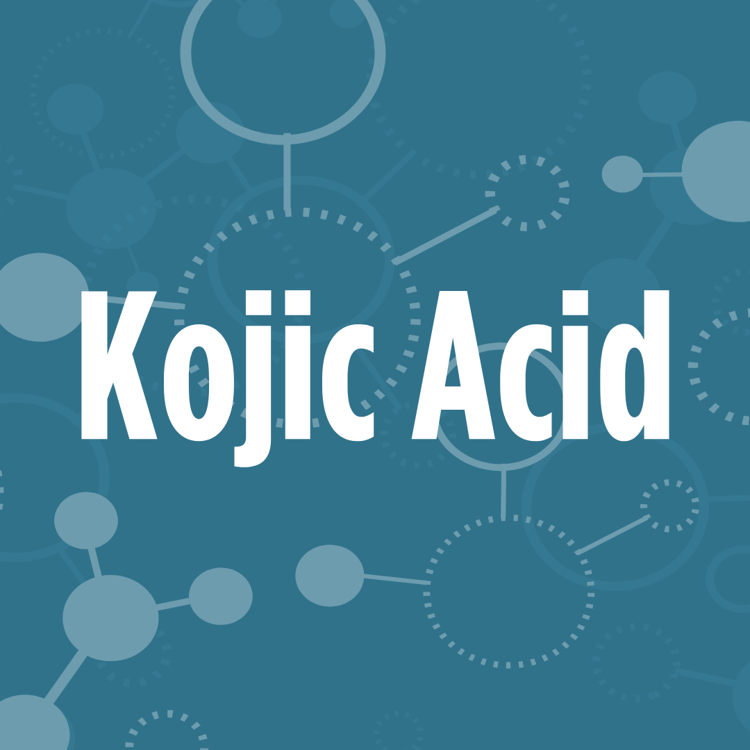 The image features the words "Kojic Acid" in bold white text against a blue background with molecular structures.