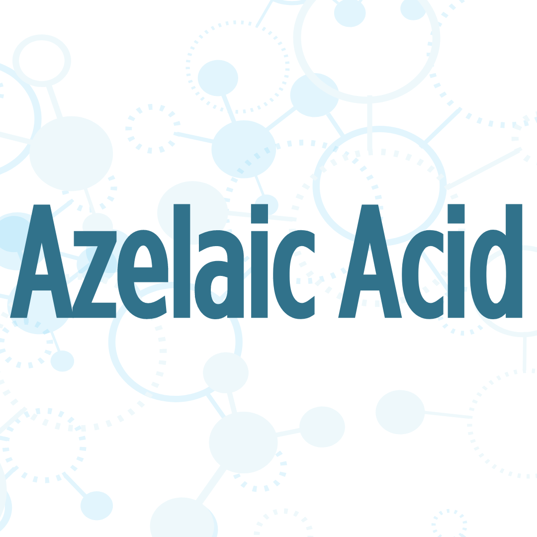 The image displays the words "Azelaic Acid" in bold blue text against a white background with molecular structures.