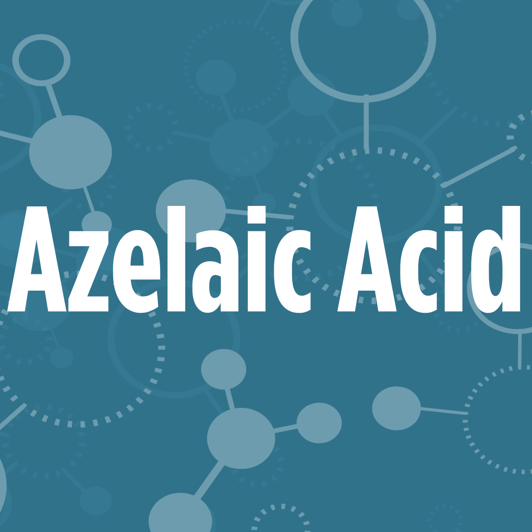 The image displays the words "Azelaic Acid" in bold white text against a blue background with molecular structures.