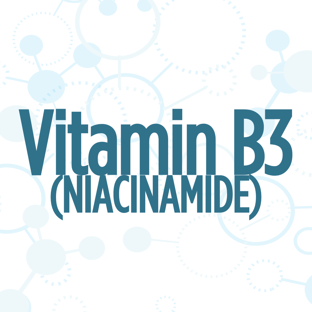 The image has the words "Vitamin B3 (Niacinamide)" in bold blue text against a white background with molecular structures.