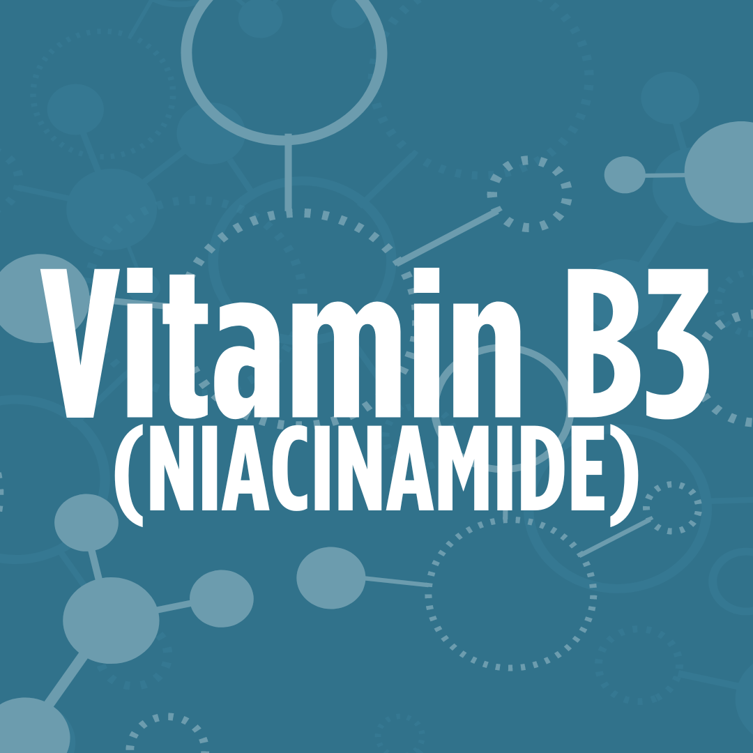 The image has the words "Vitamin B3 (Niacinamide)" in bold white text against a blue background with molecular structures.