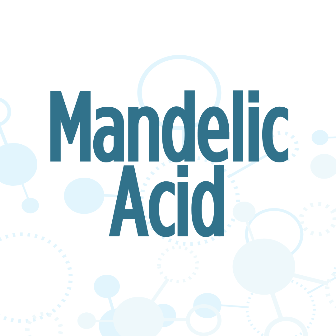 The image shows the words "Mandelic Acid" in bold blue text against a white background with molecular structures.