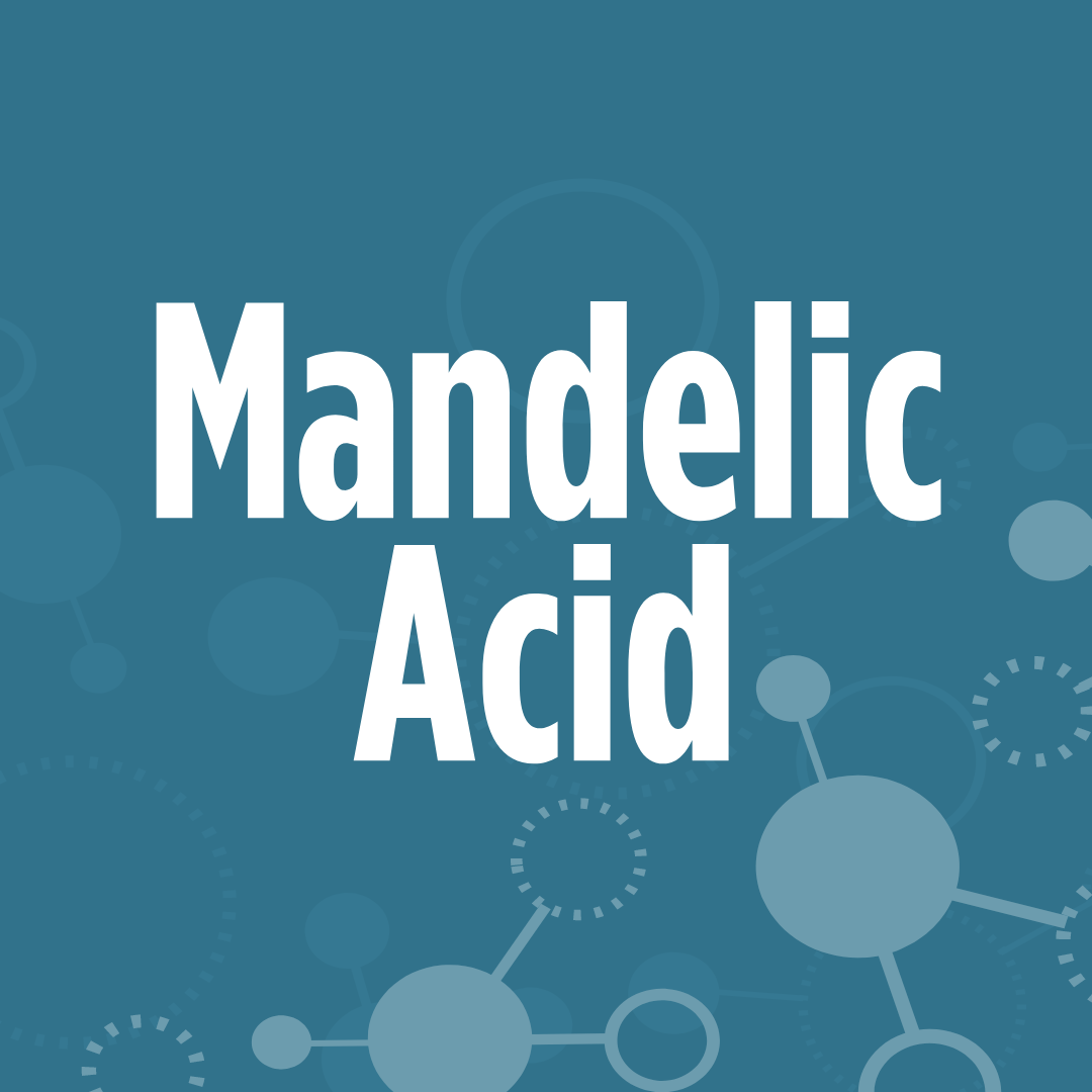 The image shows the words "Mandelic Acid" in bold white text against a blue background with molecular structures.