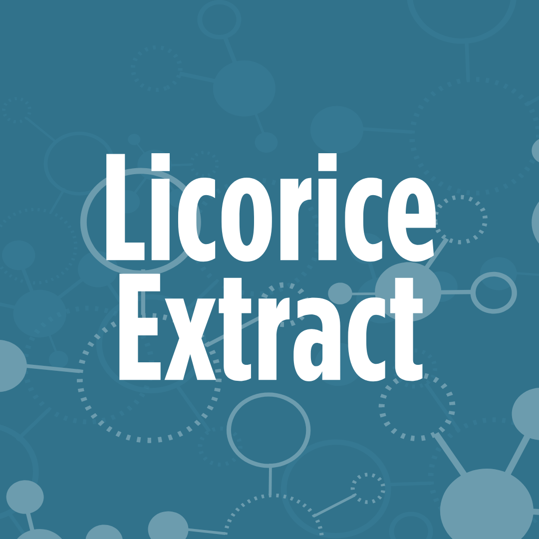 The image features the words "Licorice Extract" in bold white text against a blue background with molecular structures.