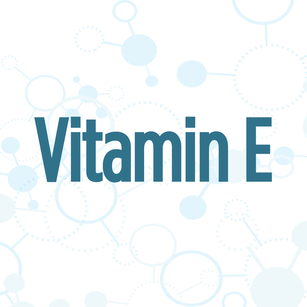 The image has the words "Vitamin E" in bold blue text against a white background with molecular structures.