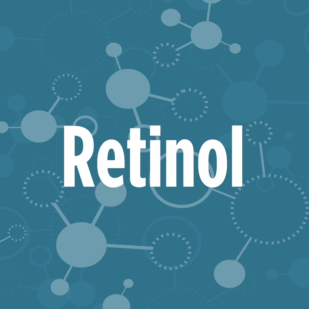 The image has the word "Retinol" in bold white text against a blue background with molecular structures.