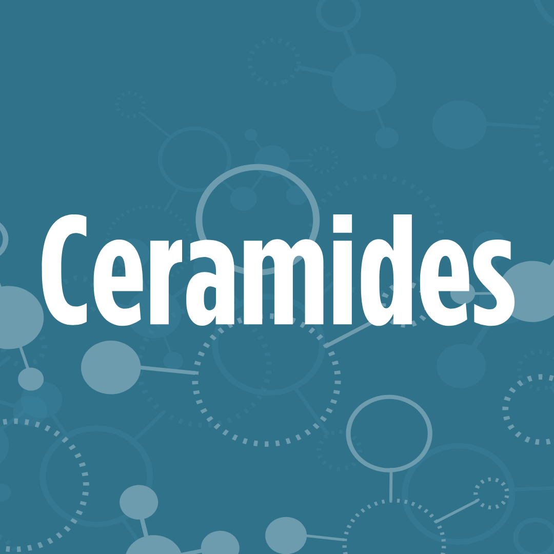 The image features the words "Ceramides" in bold white text against a blue background with molecular structures.