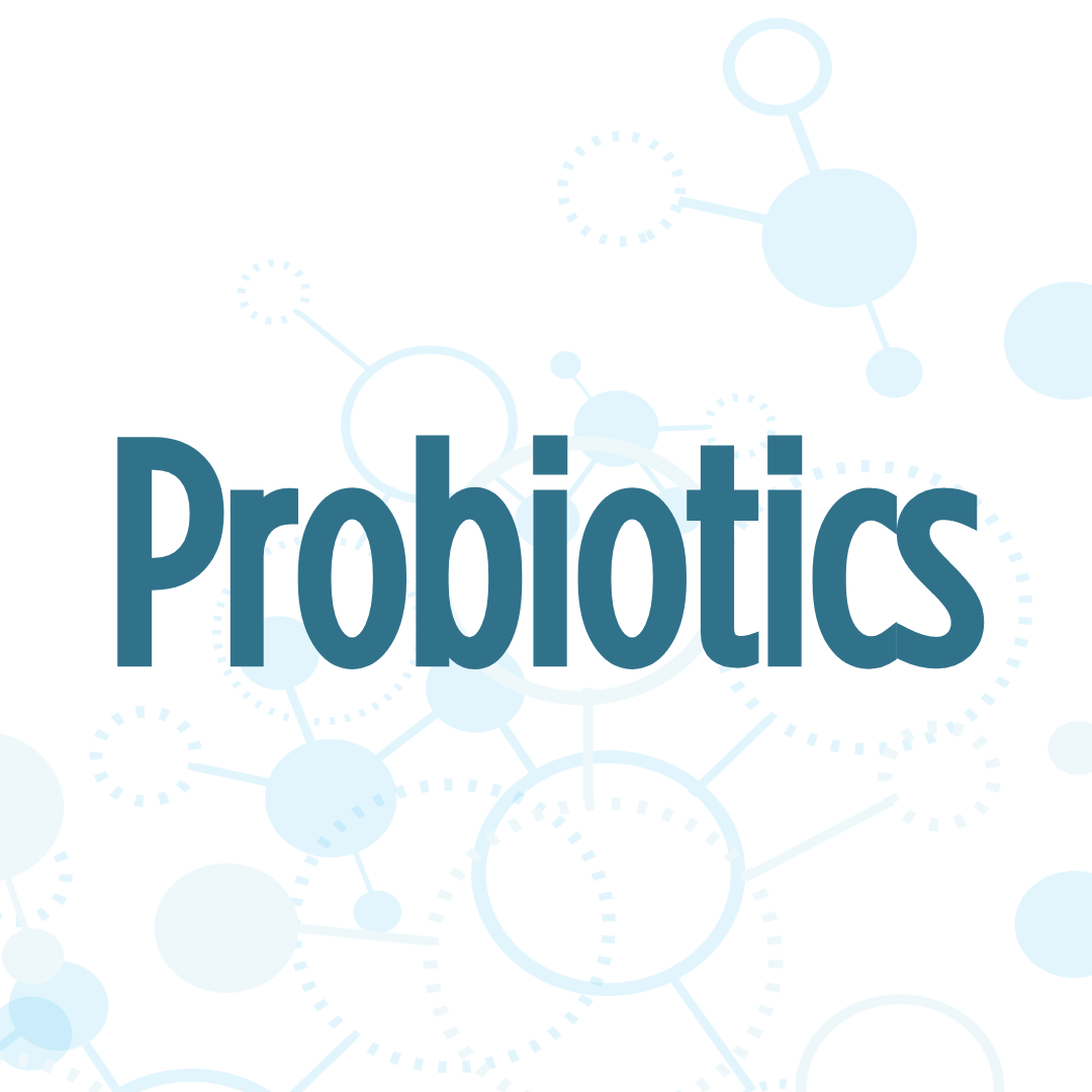  The image shows the word "Probiotics" in bold blue text against a white background with molecular structures.