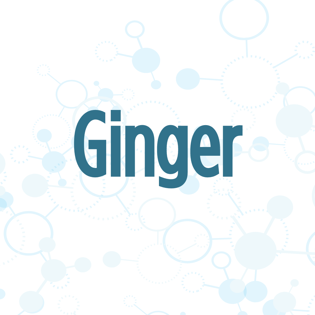 The image features the word "Ginger" in bold blue text against a white background with molecular structures.