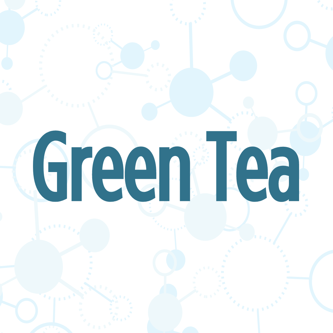 The image displays the words "Green Tea" in bold blue text against a white background with molecular structures.