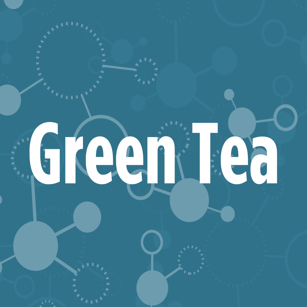 The image displays the words "Green Tea" in bold white text against a blue background with molecular structures.