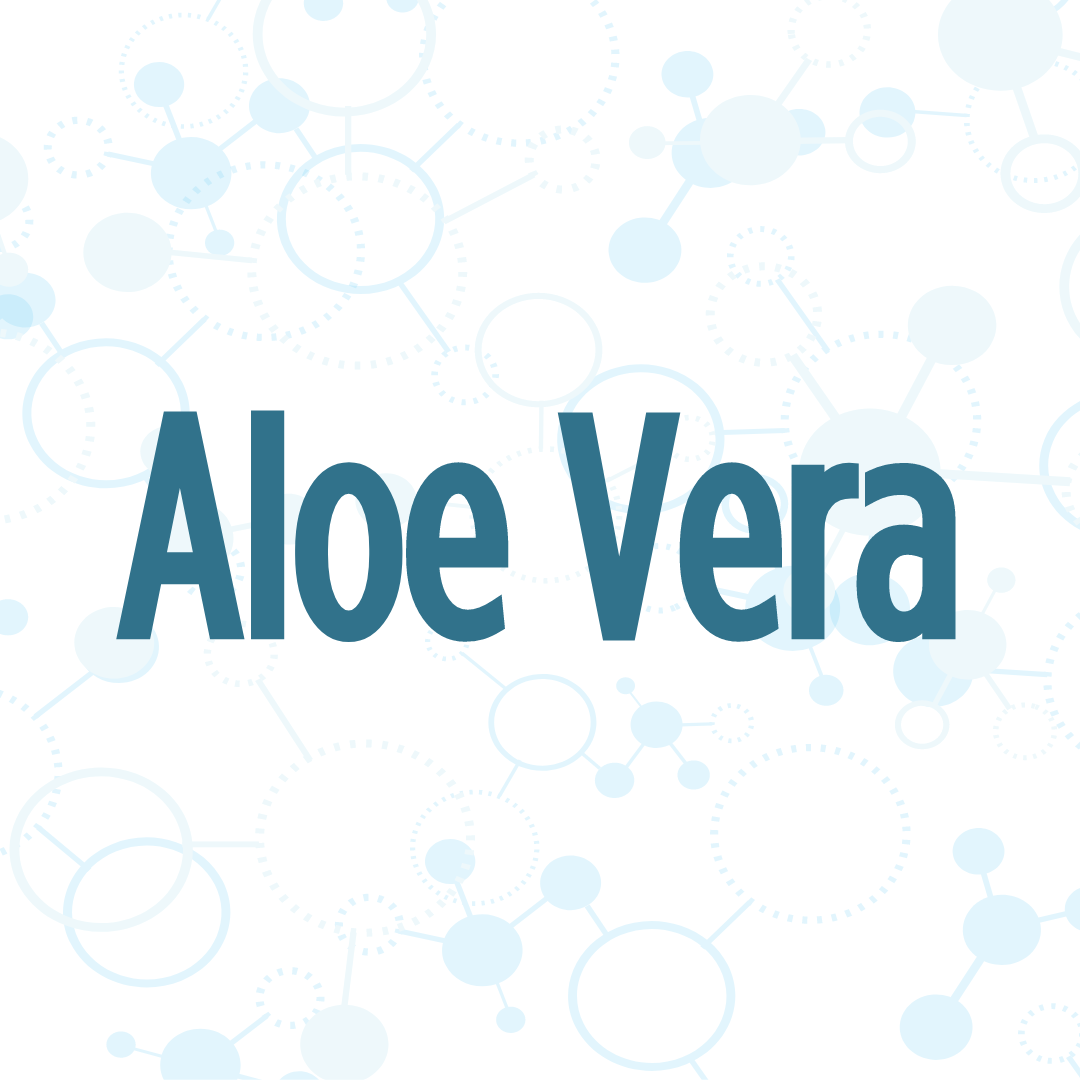 The image has the words "Aloe Vera" in bold blue text against a white background with molecular structures.