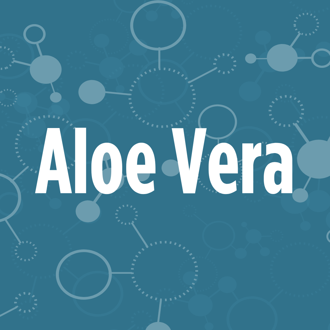 The image has the words "Aloe Vera" in bold white text against a blue background with molecular structures.