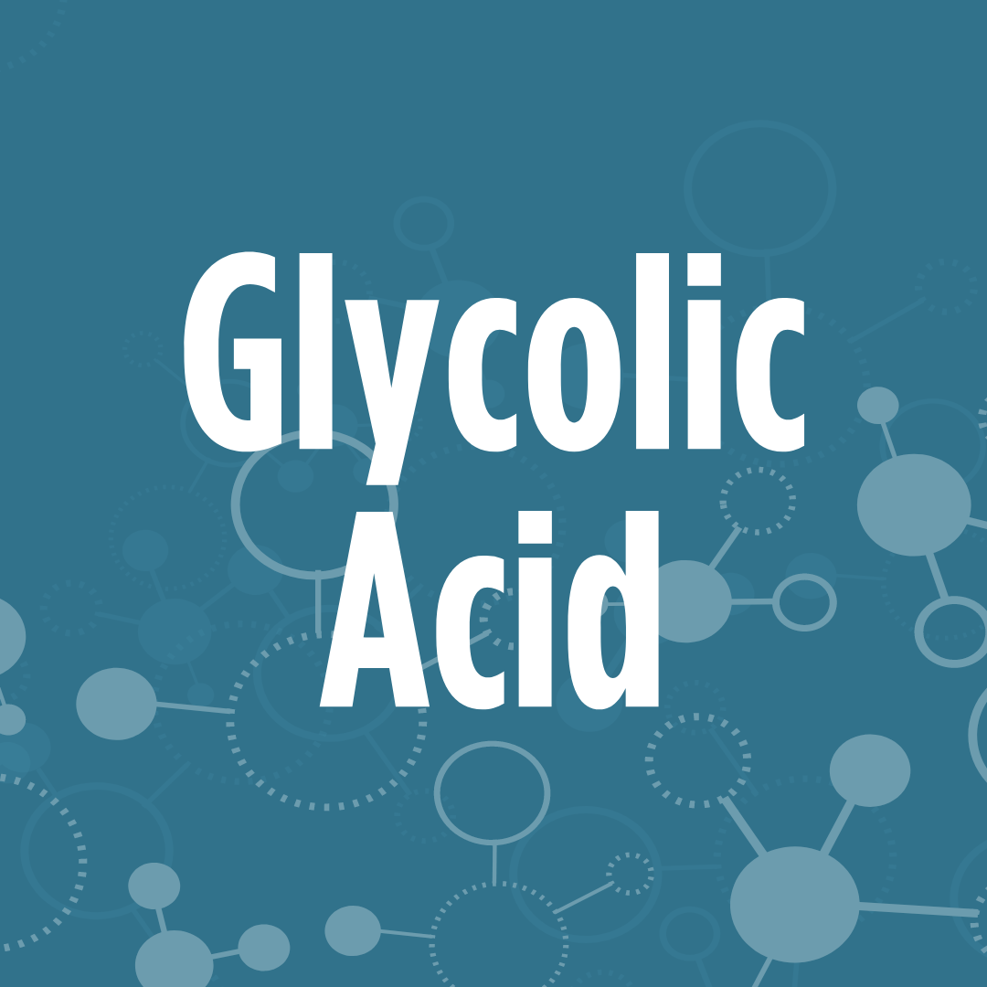 The image features the words "Glycolic Acid" in bold white text against a blue background with molecular structures.