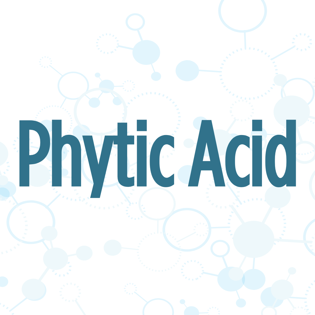 The image displays the words "Phytic Acid" in bold blue text against a white background with molecular structures.