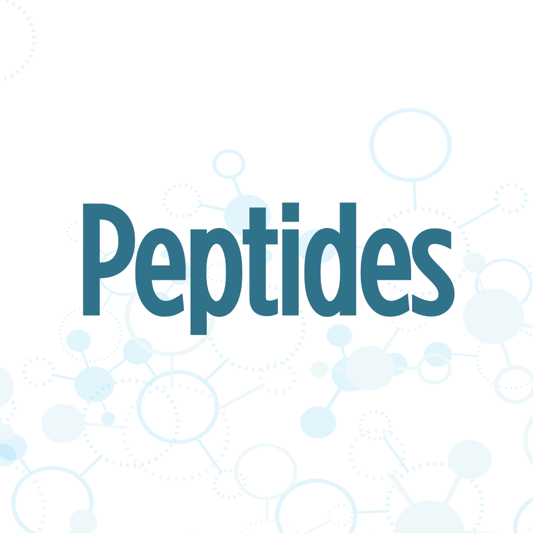 The image has the word "Peptides" in bold blue text against a white background with molecular structures.