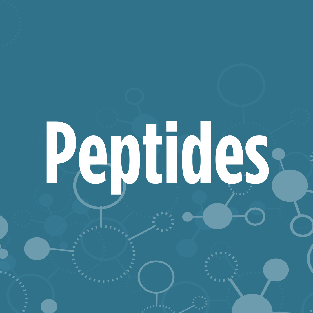 The image has the word "Peptides" in bold white text against a blue background with molecular structures.