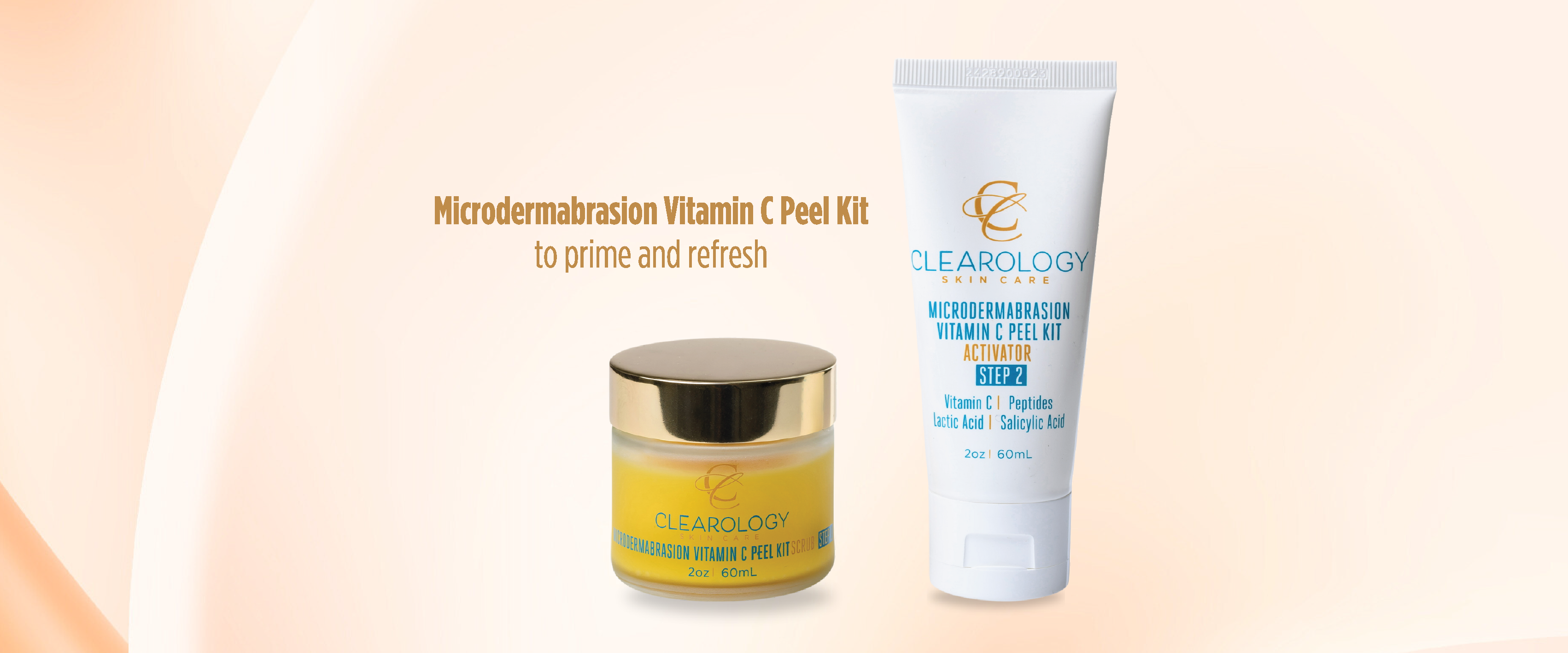 The image shows Clearology Skin Care's Microdermabrasion Vitamin C Peel Kit. It includes a gold-lidded jar and a white tube. The products contain Vitamin C, Peptides, Lactic Acid, and Salicylic Acid. The background is peach with the text, "Microdermabrasion Vitamin C Peel Kit to prime and refresh." Both jar and tube are 2 oz 